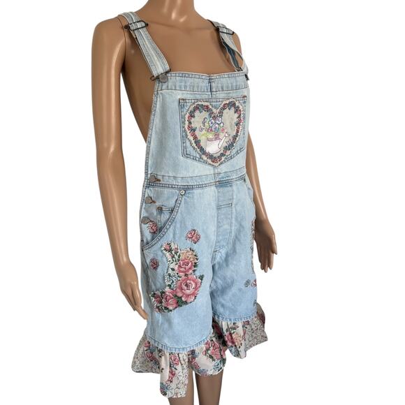 Upcycled Denim Overall Shorts S Patch Embroidery Cottagecore Floral Ruffle Blue